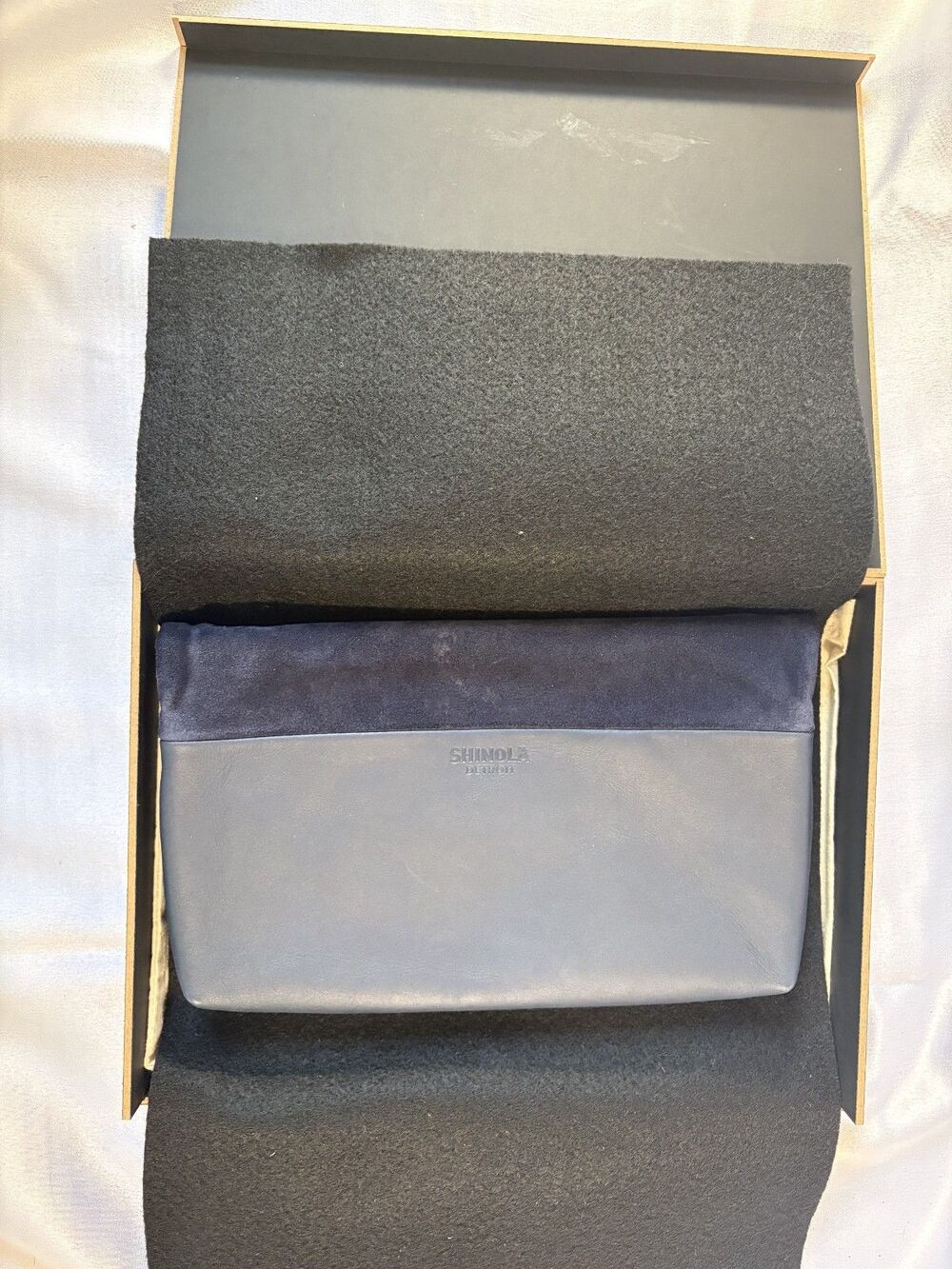 Shinola  Detroit Fold Over Clutch Blue Soft Leather and Suede New with Box